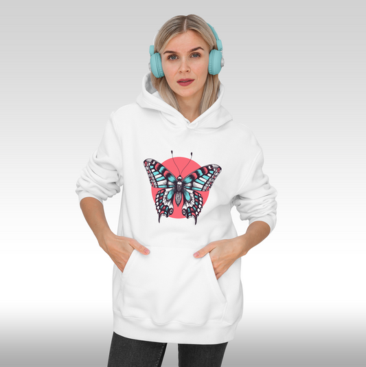 Hanorac alb personalizat Fata Dama fluture "Vibrant Butterfly" streetwear
