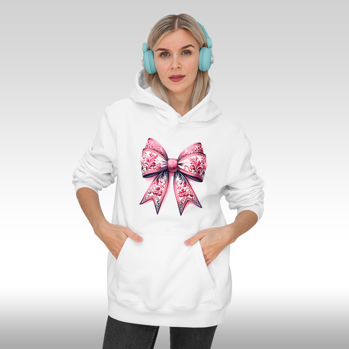 Hanorac alb personalizat Fata Dama fundita roz "Floral Ribbon" streetwear
