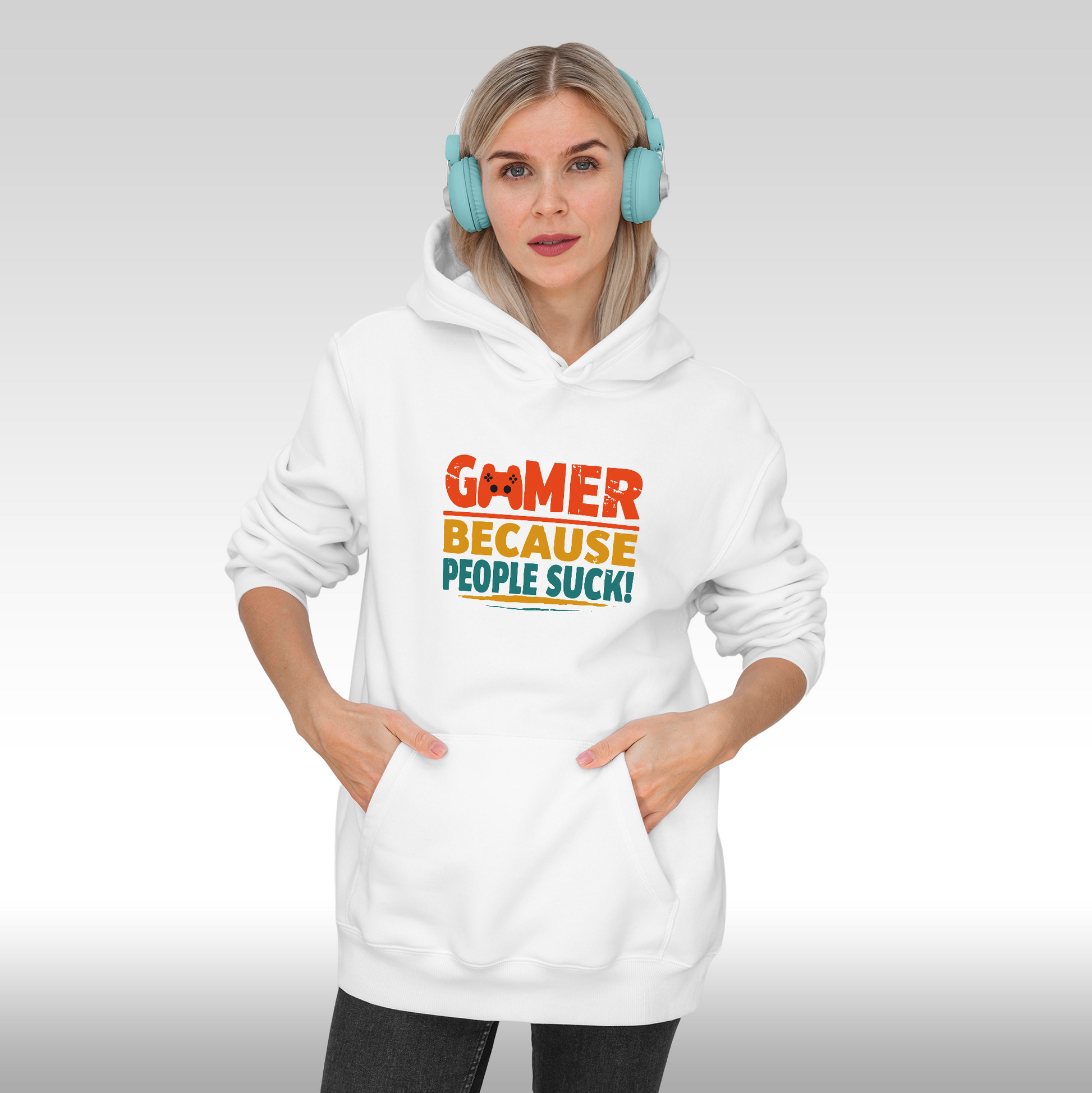 Hanorac alb personalizat Fata Dama gaming "Gamer Because People Suck" streetwear
