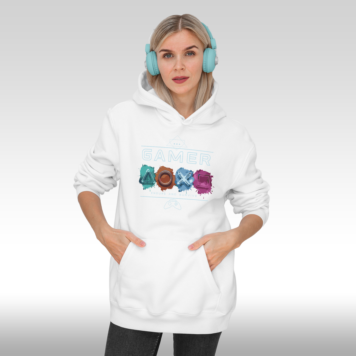 Hanorac alb personalizat Fata Dama gaming "Gamer Endure and Survive" streetwear
