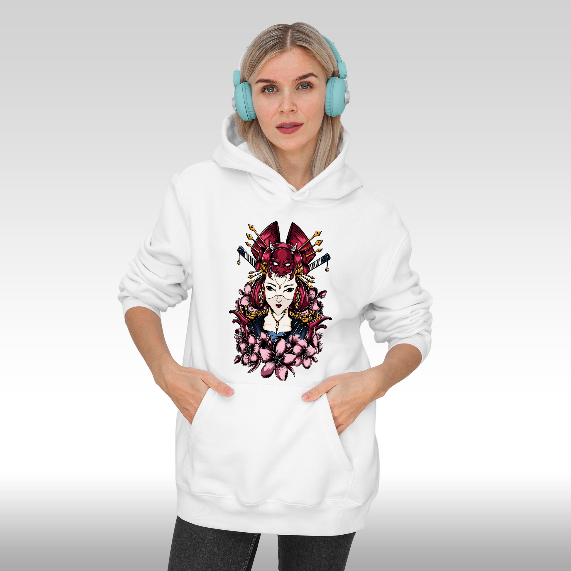 Hanorac alb personalizat Fata Dama geisha "Kunoichi Bloom" streetwear

