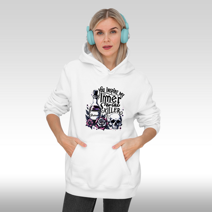 Hanorac alb personalizat Fata dama mesaj "You Inspire My Inner Serial Killer" streetwear
