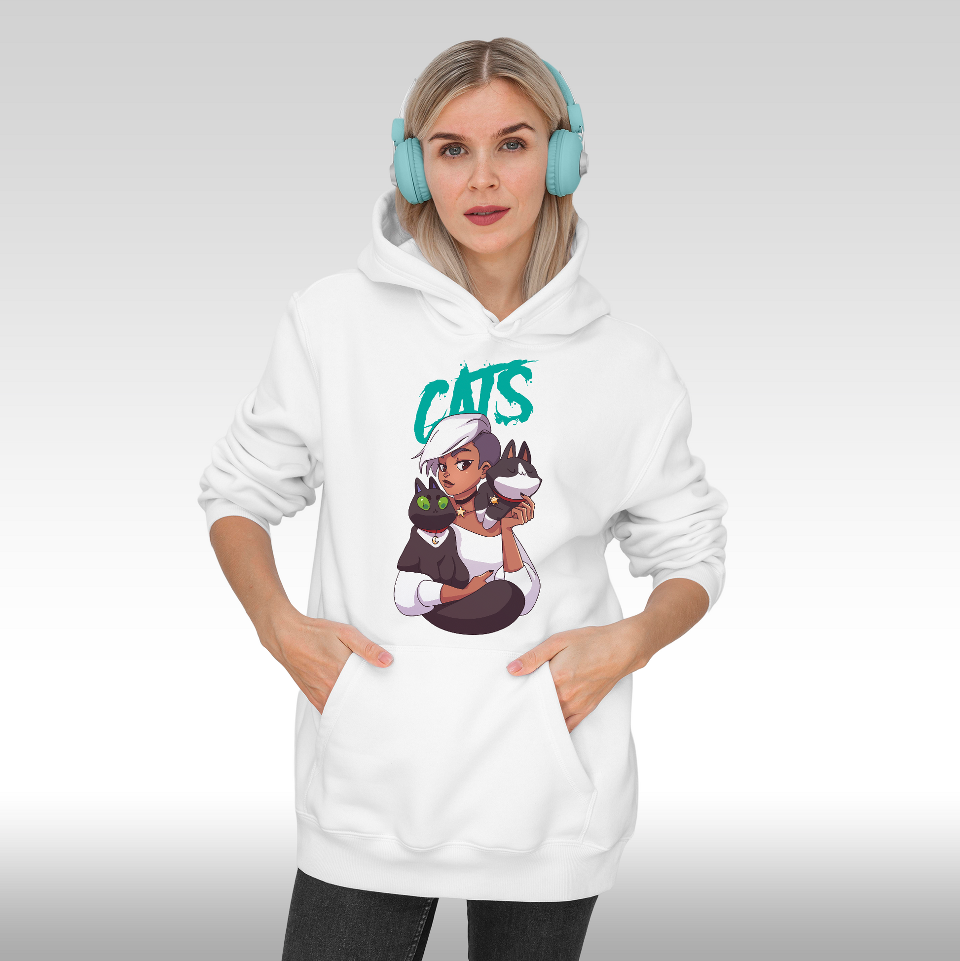 Hanorac alb personalizat Fata Dama pisici "Cats Love" streetwear
