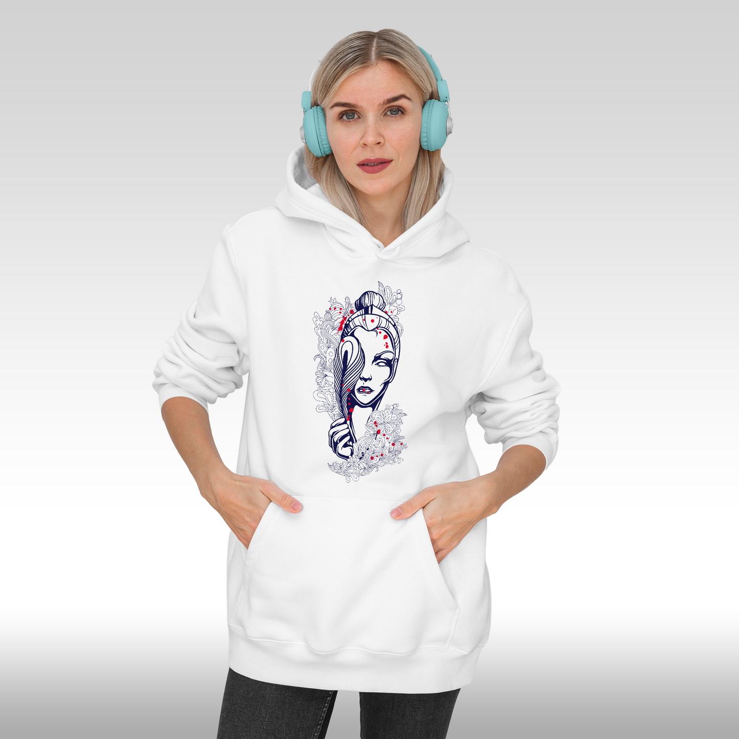 Hanorac alb personalizat Fata Dama portret "Mystic Bloom" streetwear
