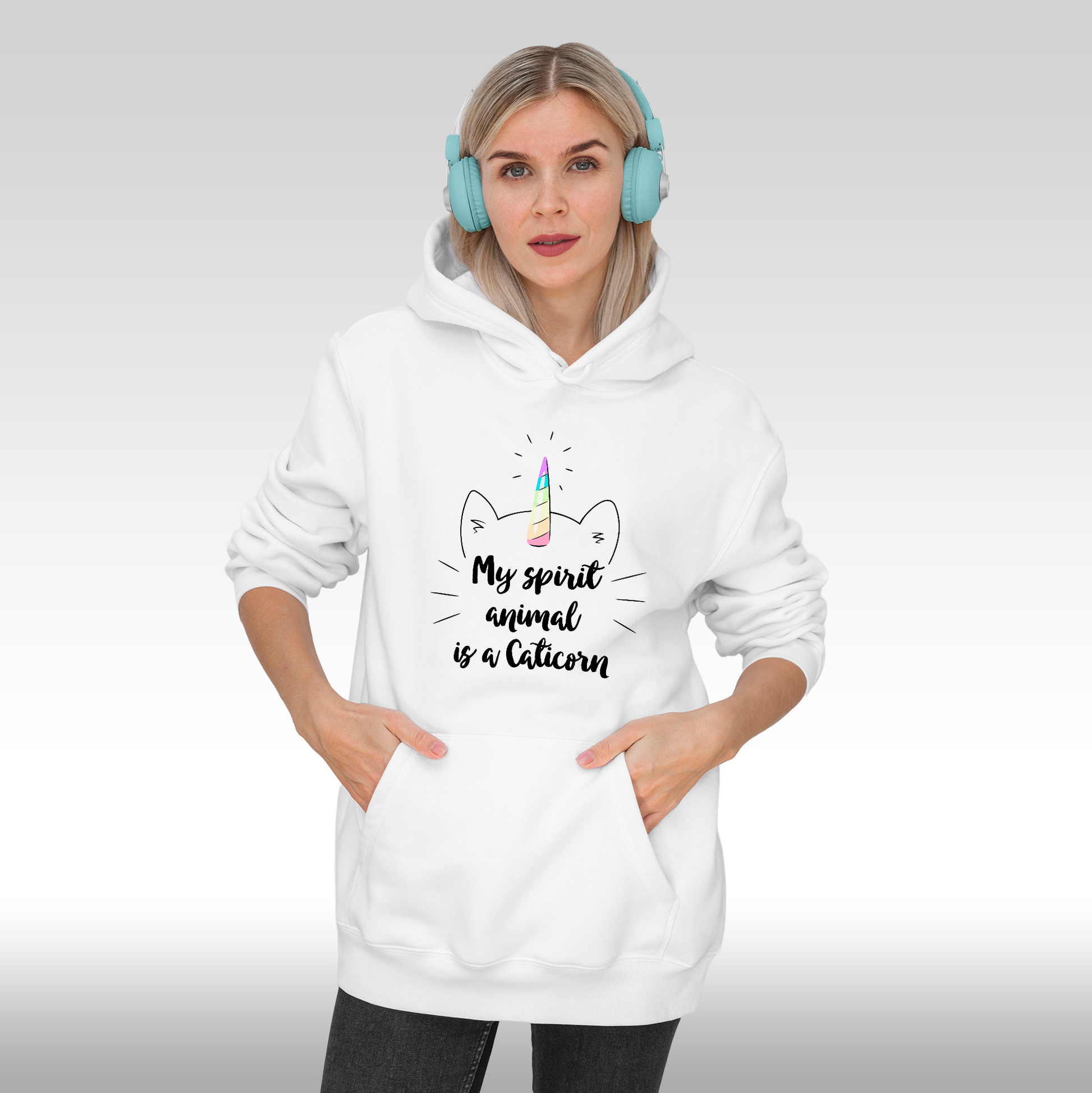 Hanorac alb personalizat Fata Dama pisica unicorn "My Spirit Animal Is a Caticorn" streetwear
