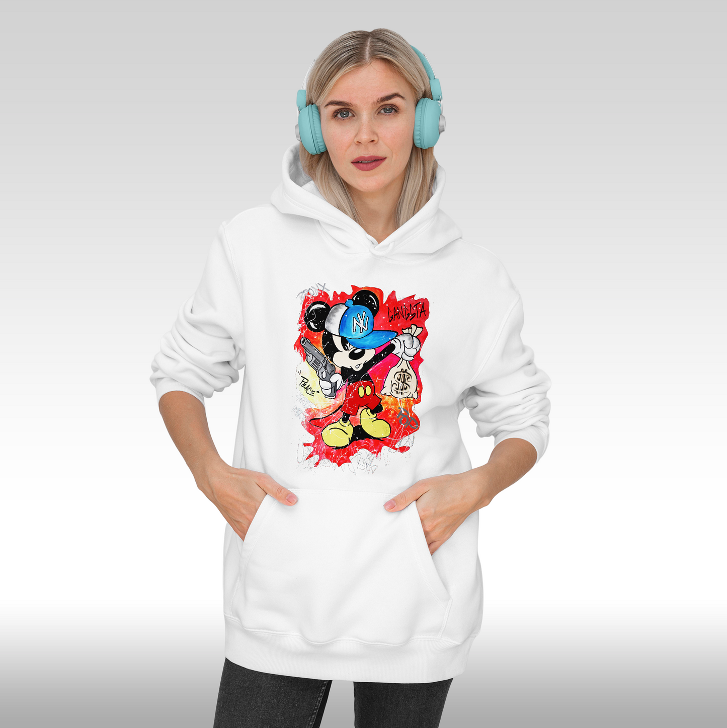Hanorac alb personalizat Fata Dama urban "Gangsta Mickey Mouse" streetwear
