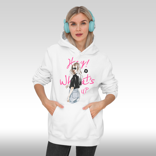 Hanorac alb personalizat Fata Dama urban "Hey! What's Up" streetwear
