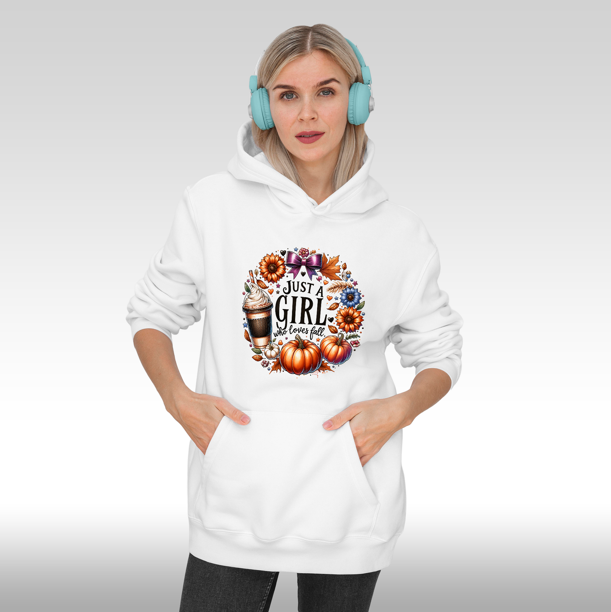 Hanorac alb personalizat Fata Dama urban "Just A Girl Who Loves Fall" streetwear
