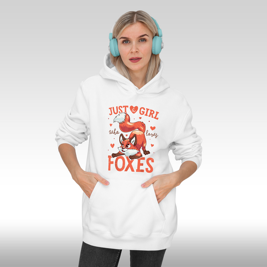 Hanorac alb personalizat Fata Dama vulpe "Just A Girl Who Loves Foxes" streetwear
