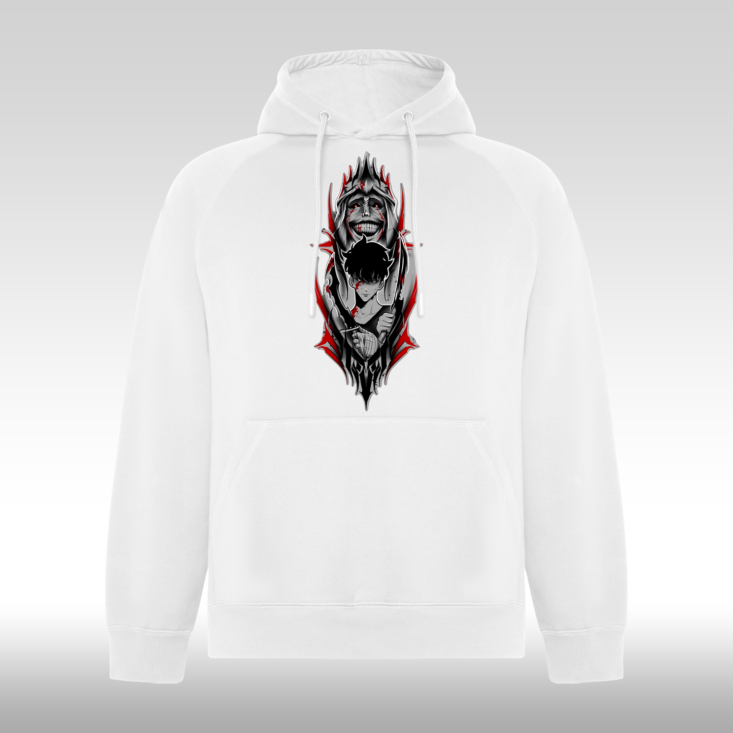 Hanorac alb personalizat anime "Solo Leveling Black" streetwear
