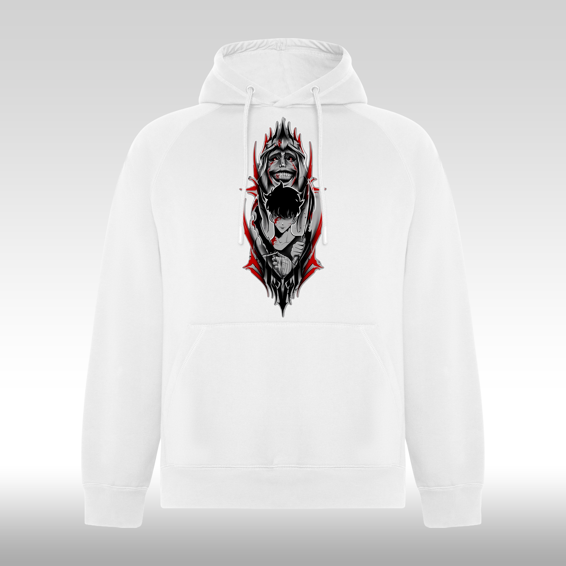 Hanorac alb personalizat anime "Solo Leveling Black" streetwear
