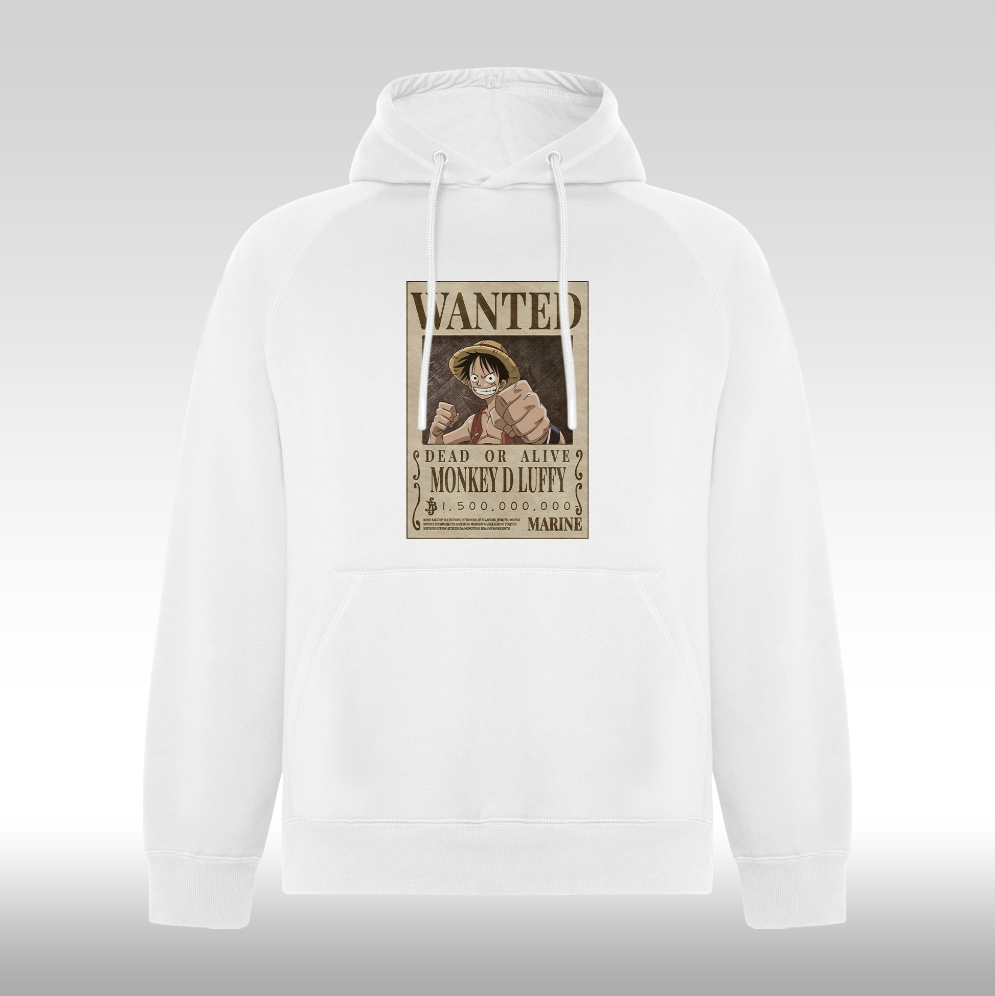 Hanorac alb personalizat anime "WANTED : Monkey D Luffy" streetwear
