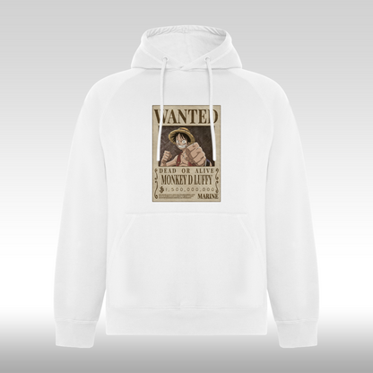 Hanorac alb personalizat anime "WANTED : Monkey D Luffy" streetwear
