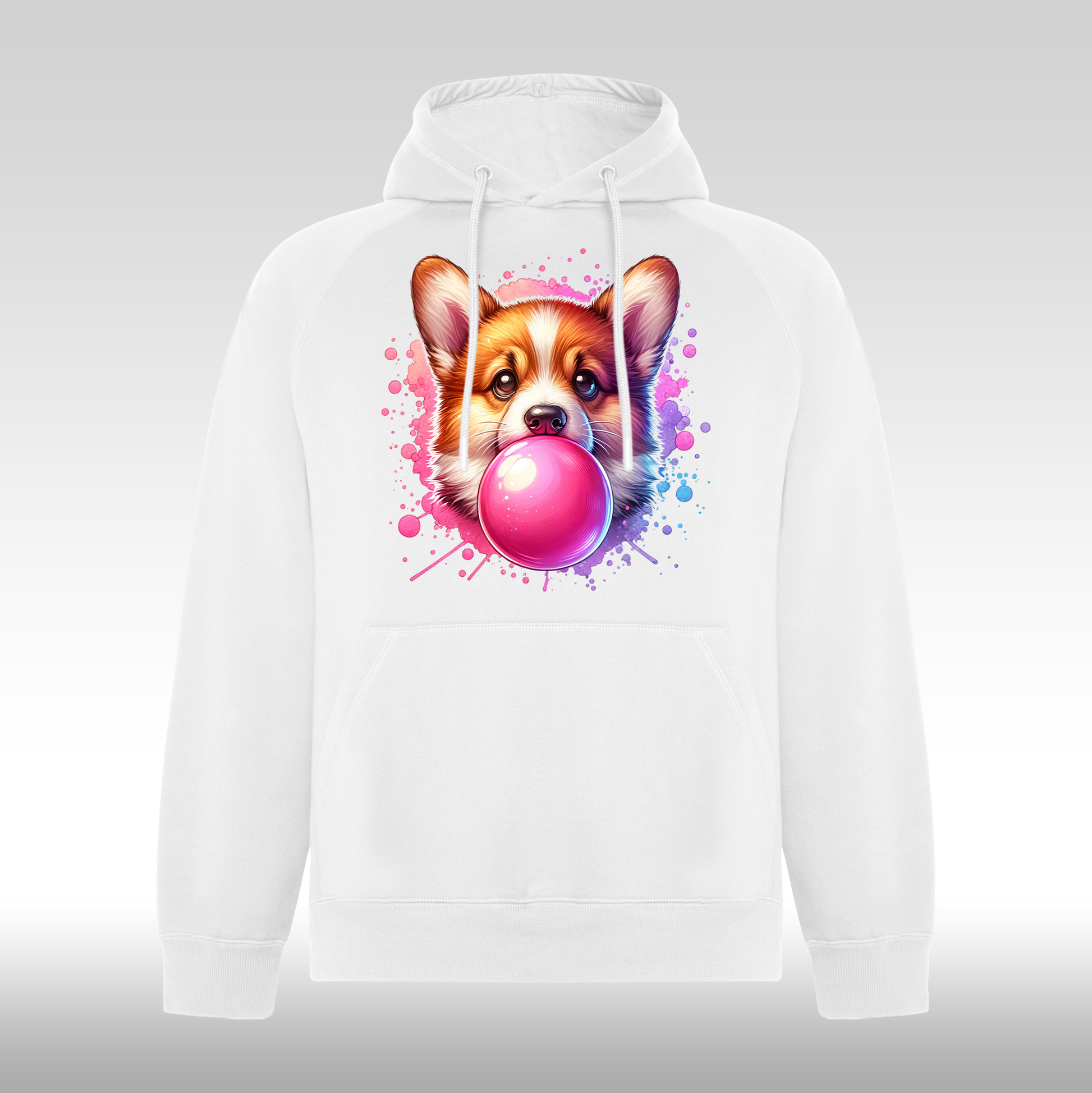 Hanorac alb personalizat Fata Dama catel corgi "Bubble Gum Dog" streetwear
