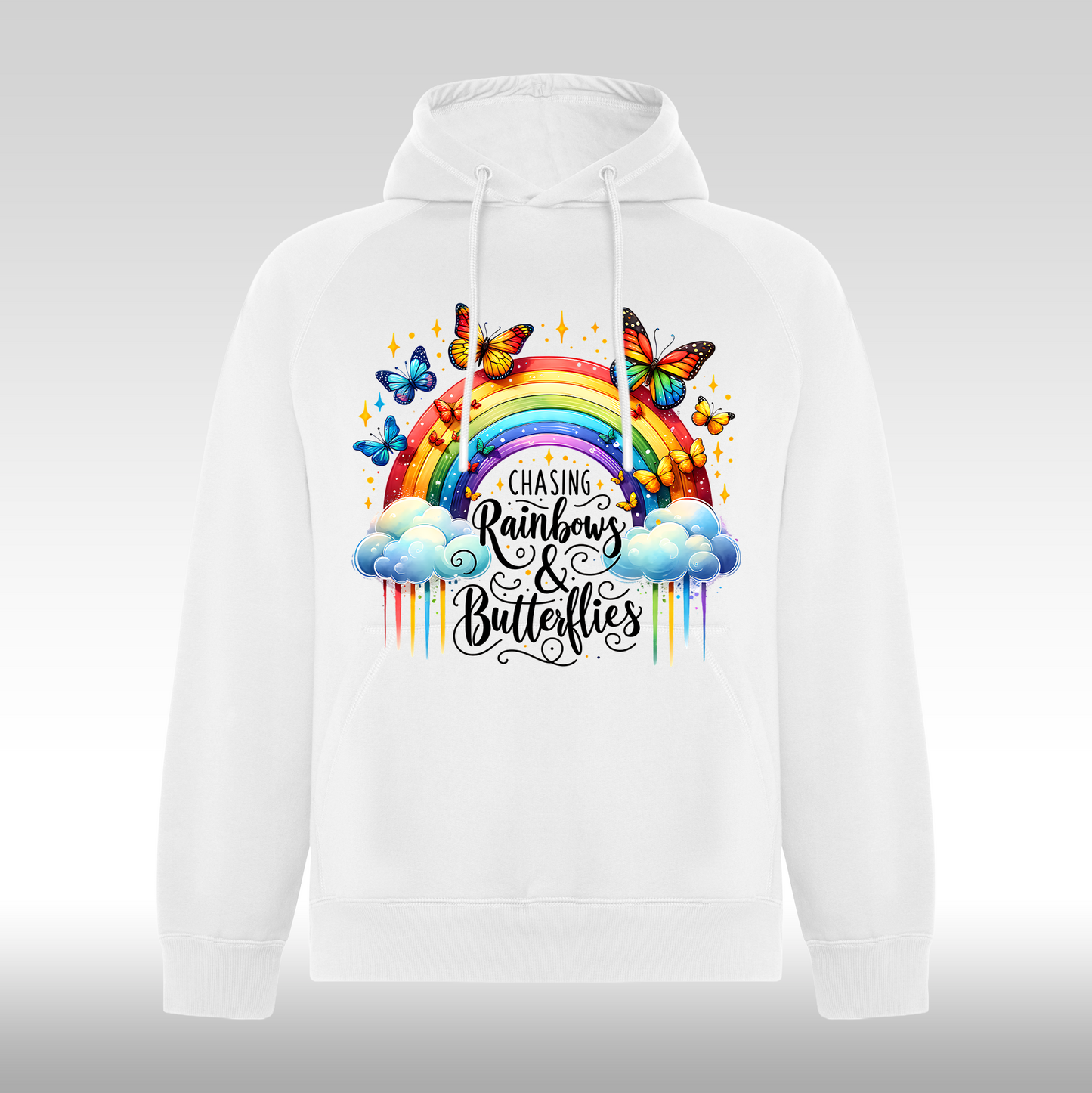 Hanorac alb personalizat Fata Dama curcubeu fluturi "Chasing Rainbows & Butterflies" streetwear
