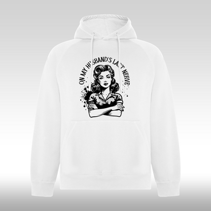 Hanorac alb personalizat Dama sotie "On My Husband's Last Nerve" streetwear
