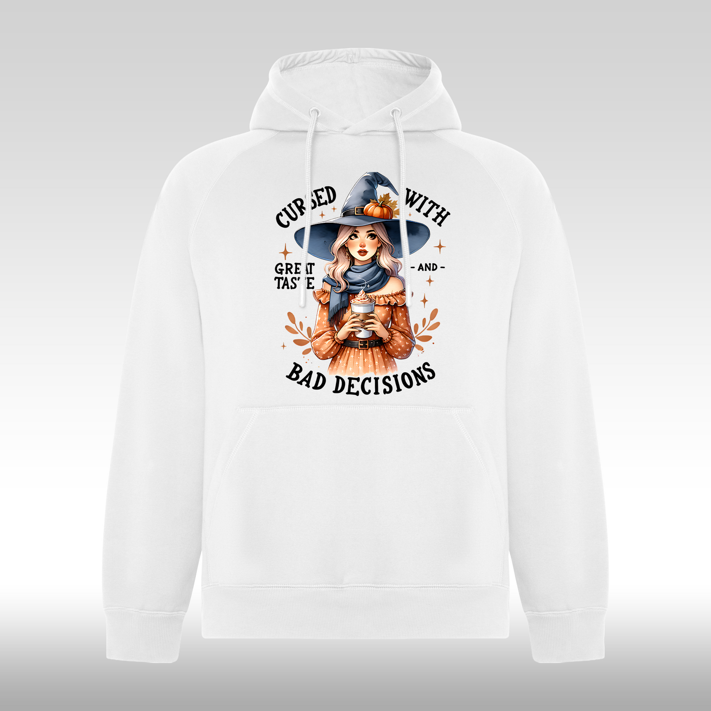 Hanorac alb personalizat Fata Dama vrajitoare "Cursed With Bad Decisions" streetwear
