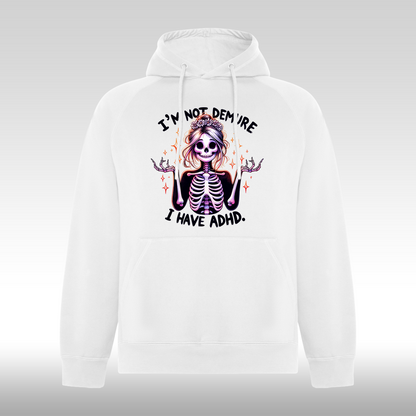 Hanorac alb personalizat mesaj "I'm Not Demure, I Have ADHD" streetwear
