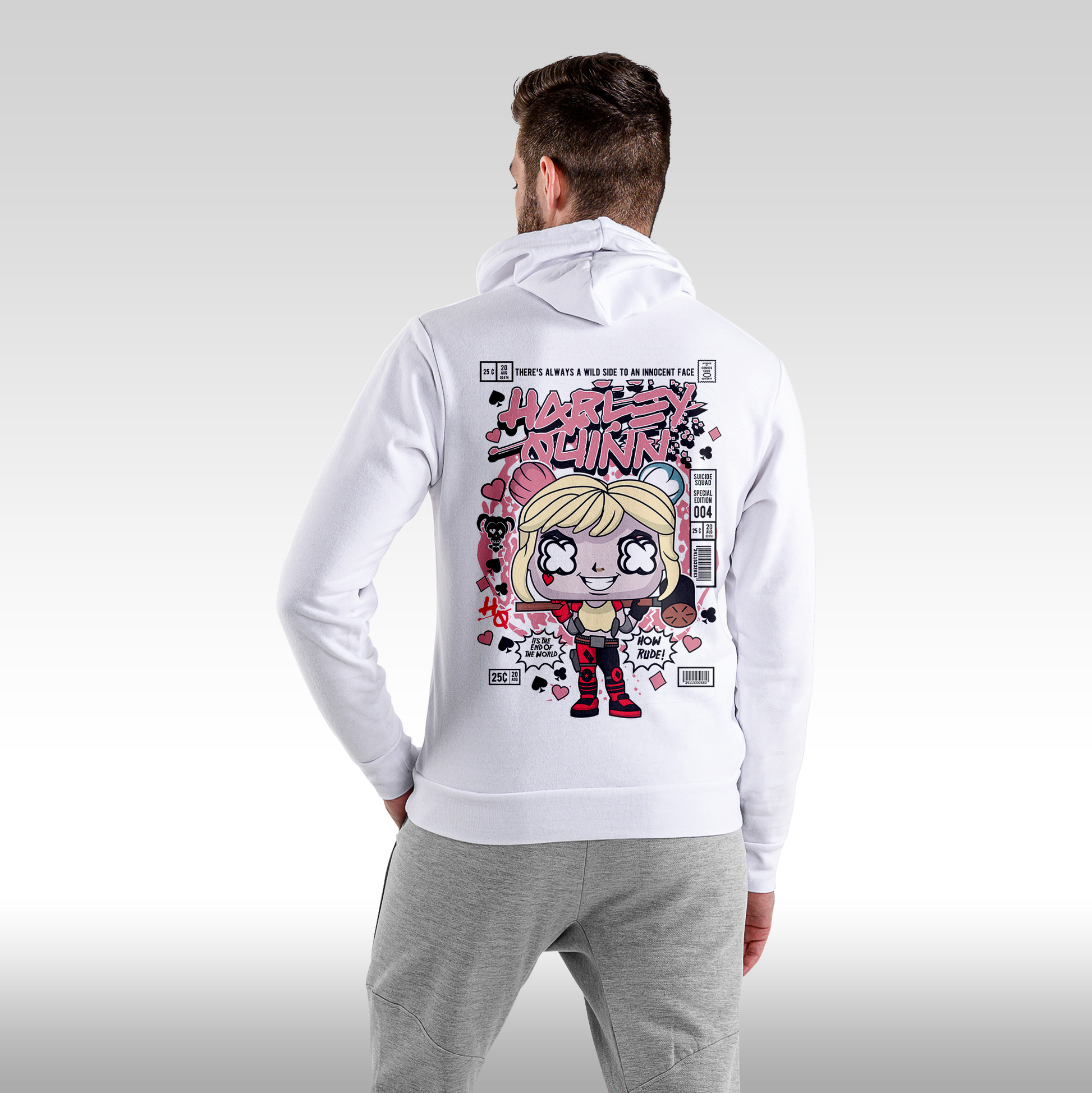 Hanorac alb personalizat spate barbat urban "Harley Quinn" streetwear
