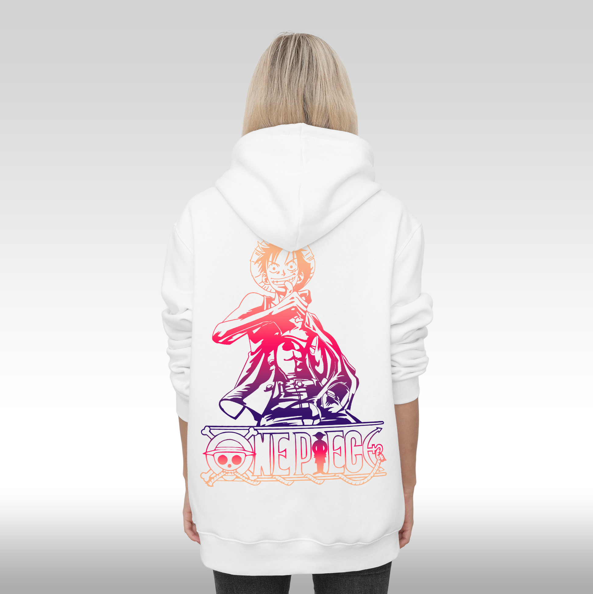 Hanorac alb personalizat spate Dama anime "Monkey D Luffy" streetwear
