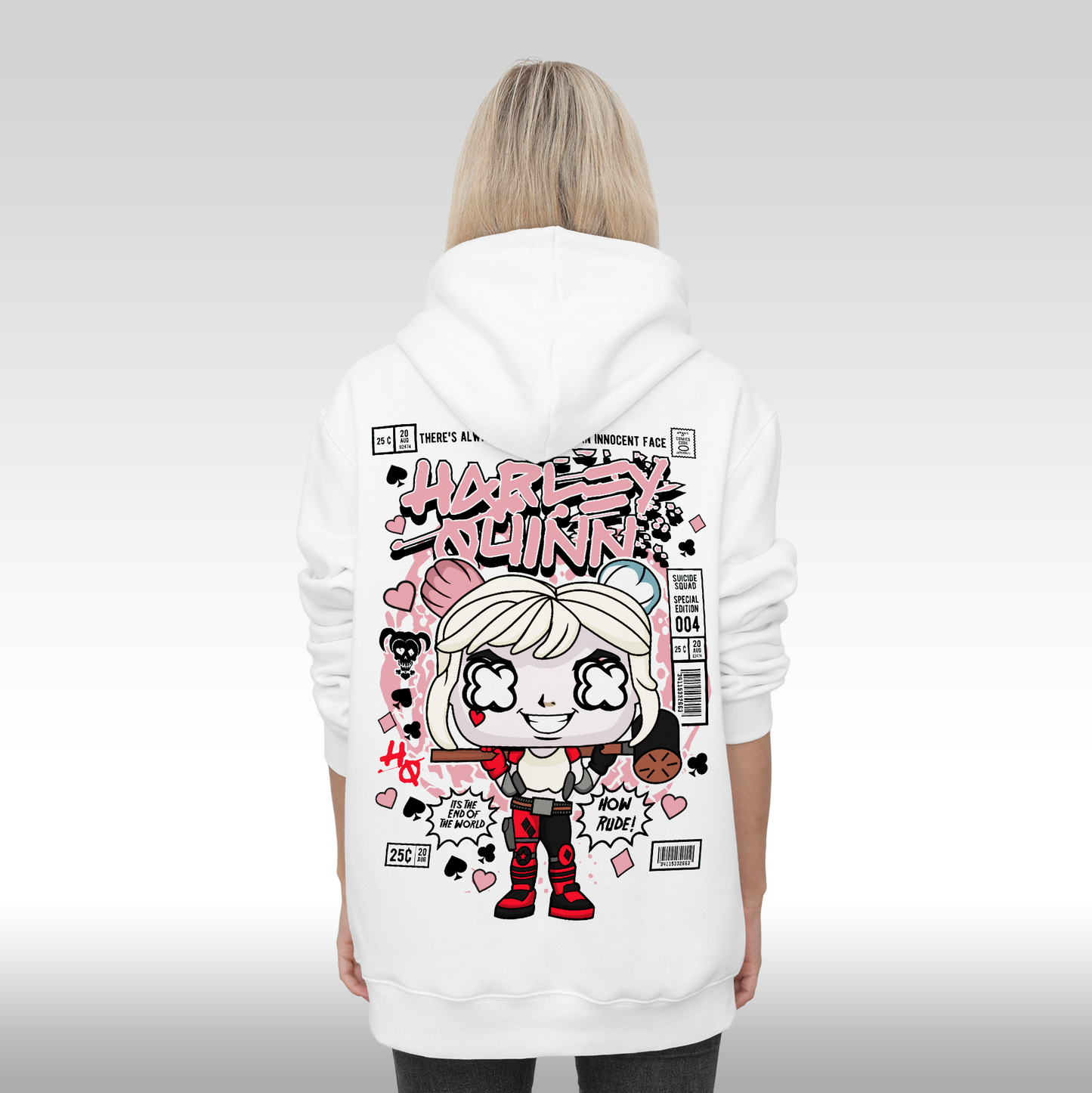 Hanorac alb personalizat spate Dama urban "Harley Quinn" streetwear
