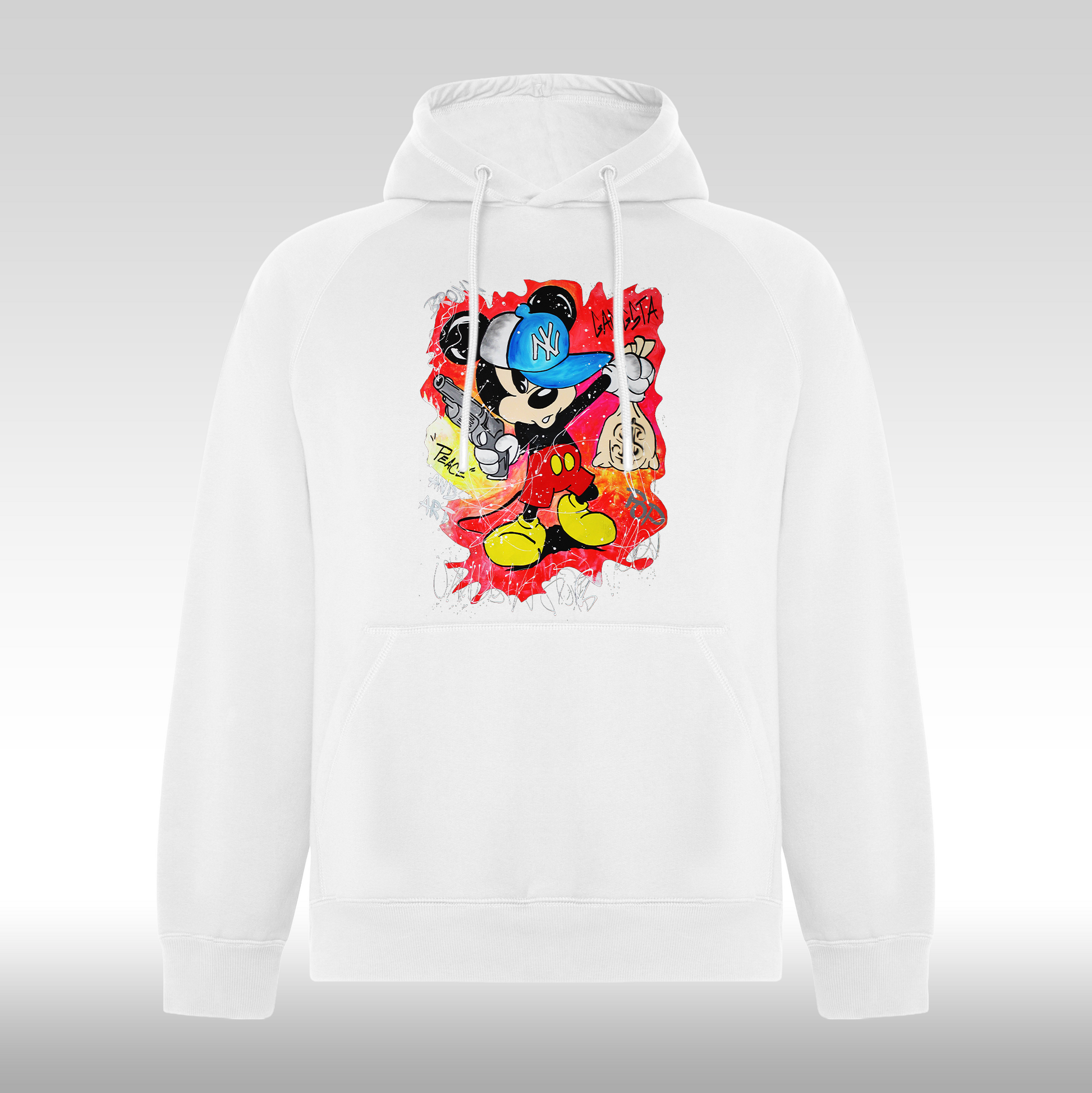 Hanorac alb personalizat urban "Gangsta Mickey Mouse" streetwear
