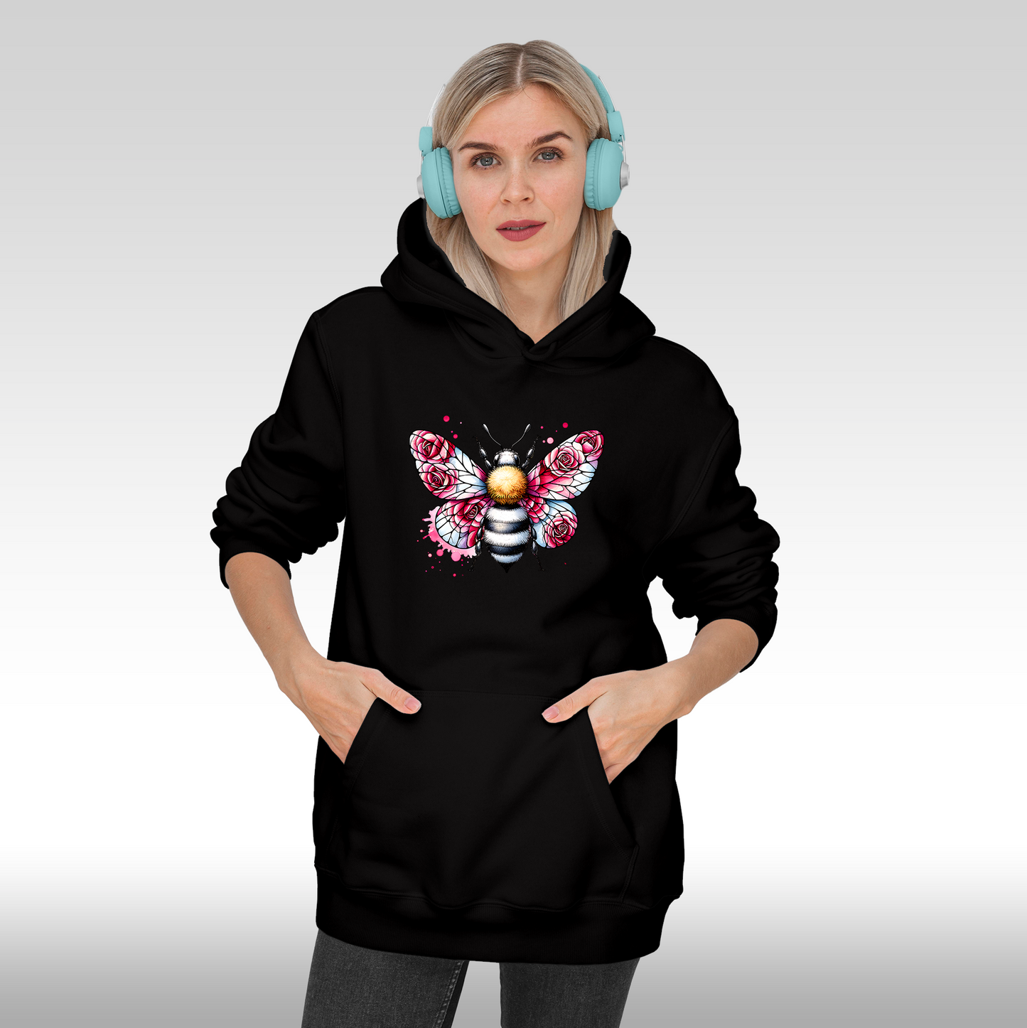 Hanorac negru personalizat Fata Dama albina "Floral Buzz" streetwear
