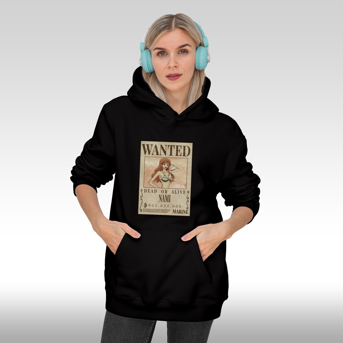 Hanorac negru personalizat Fata Dama anime "WANTED : Nami" streetwear
