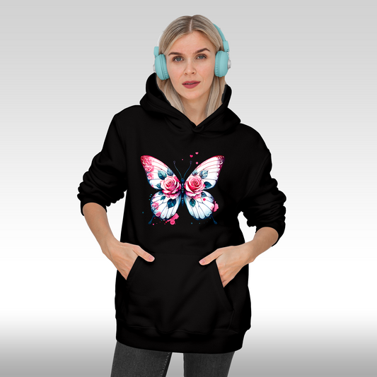 Hanorac negru personalizat Fata Dama fluture "Pink Wings" streetwear
