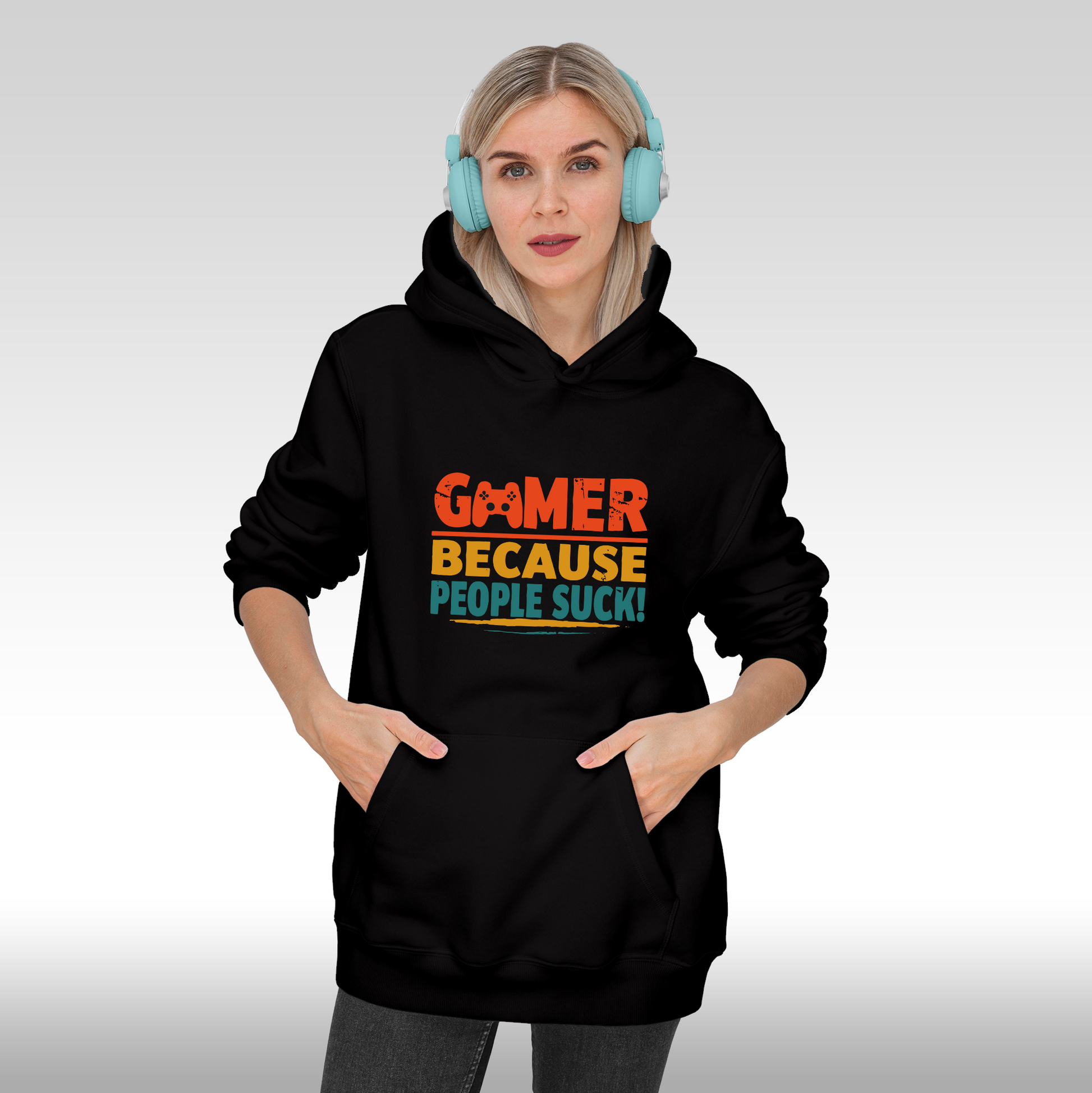 Hanorac negru personalizat Fata Dama gaming "Gamer Because People Suck" streetwear
