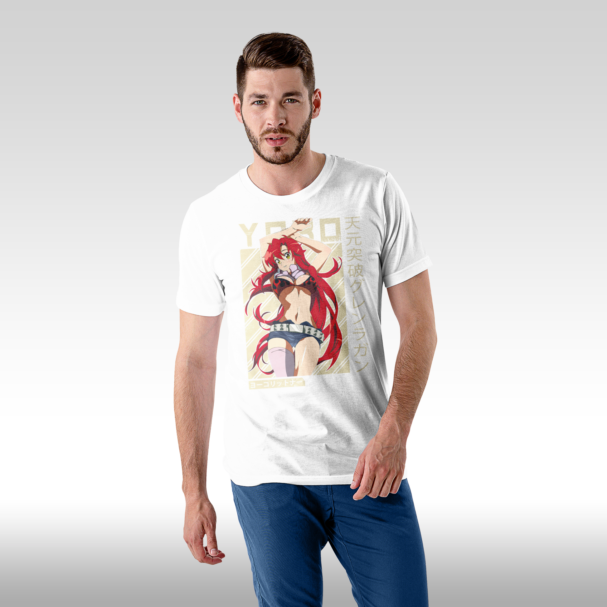 Tricou alb barbat fata personalizat anime cu Yoko Littner din Gurren Lagann, din bumbac 100%, stil streetwear