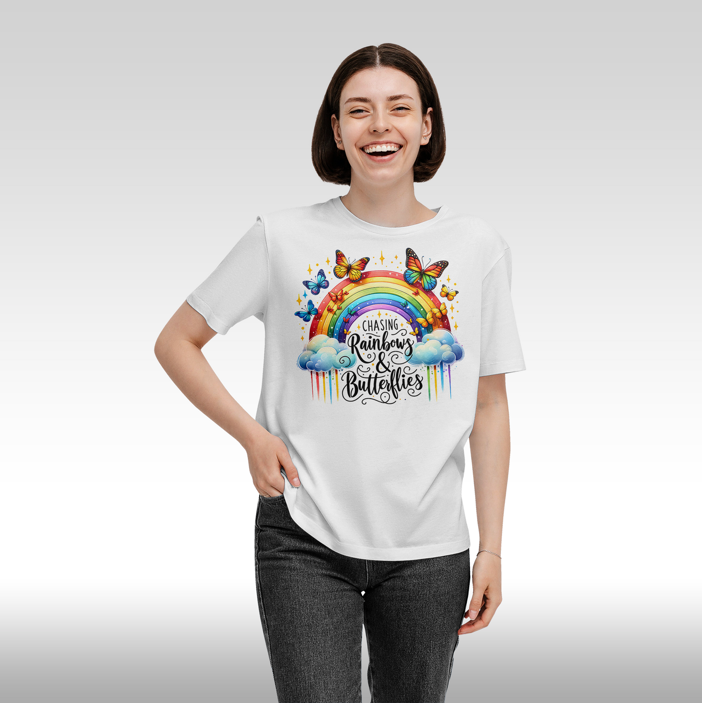 tricou bumbac alb personalizat Fata Dama urban "Chasing Rainbows and Butterflies" streetwear
