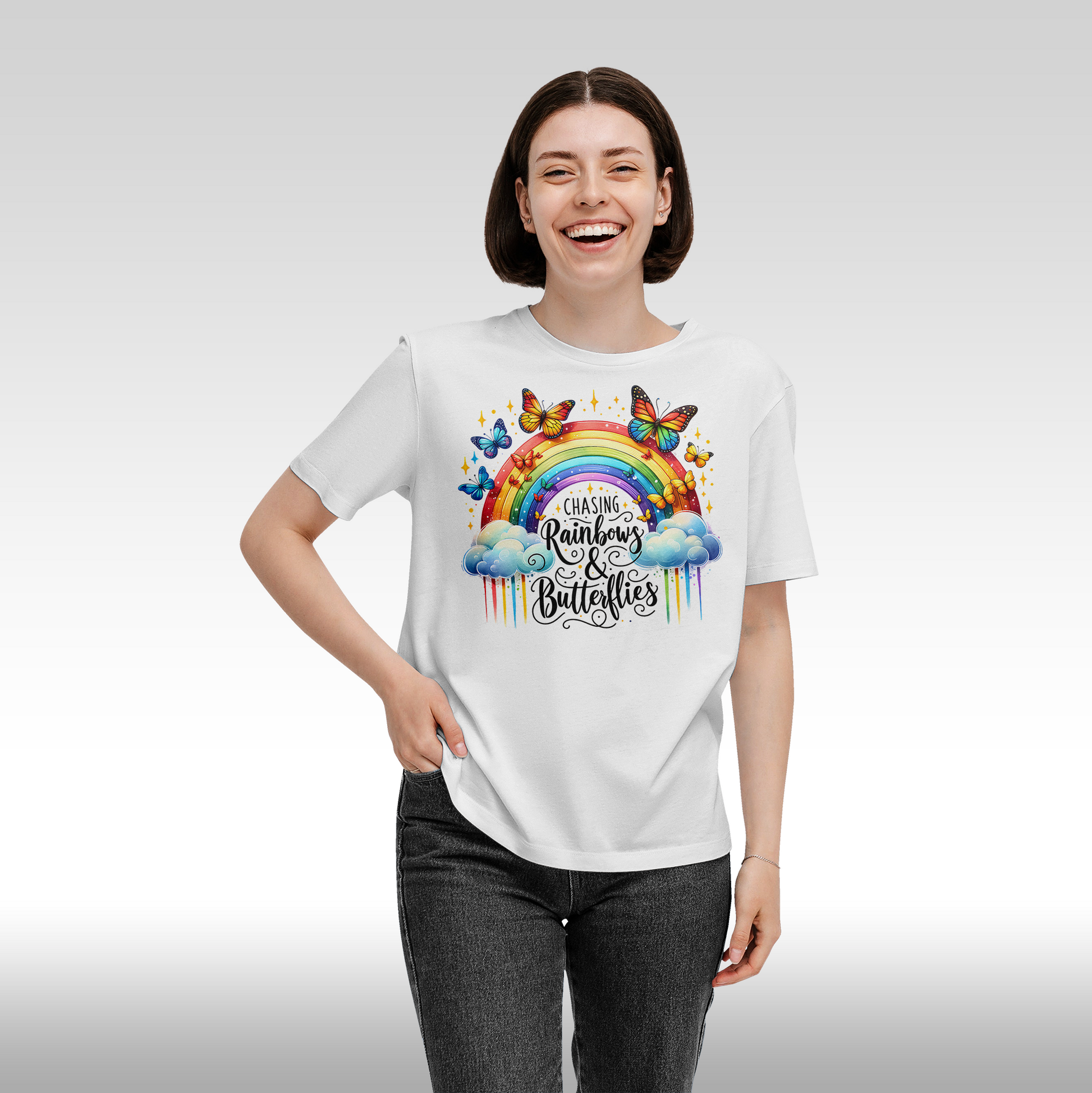 tricou bumbac alb personalizat Fata Dama urban "Chasing Rainbows and Butterflies" streetwear
