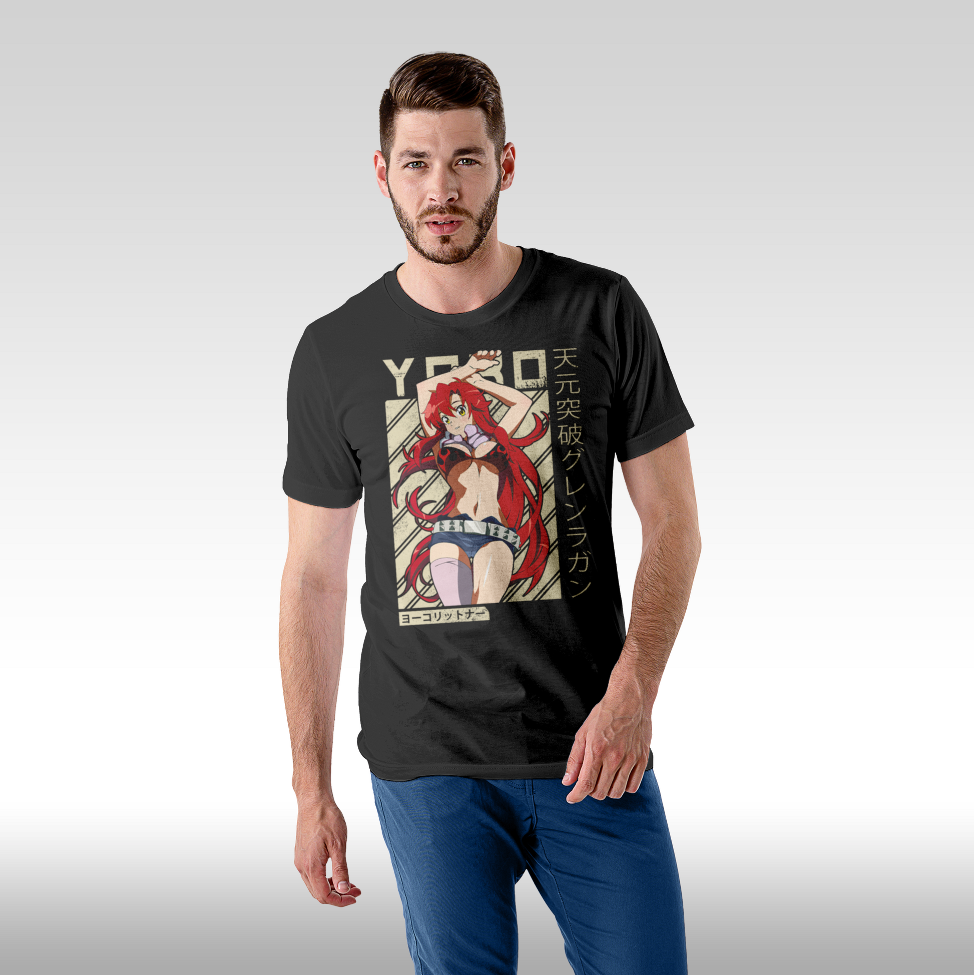 Tricou negru barbat fata personalizat anime cu Yoko Littner din Gurren Lagann, din bumbac 100%, stil streetwear