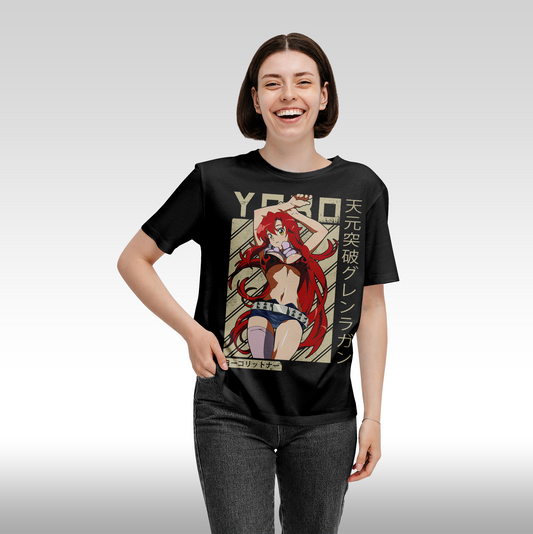 Tricou negru damă fata personalizat anime cu Yoko Littner din Gurren Lagann, din bumbac 100%, stil streetwear